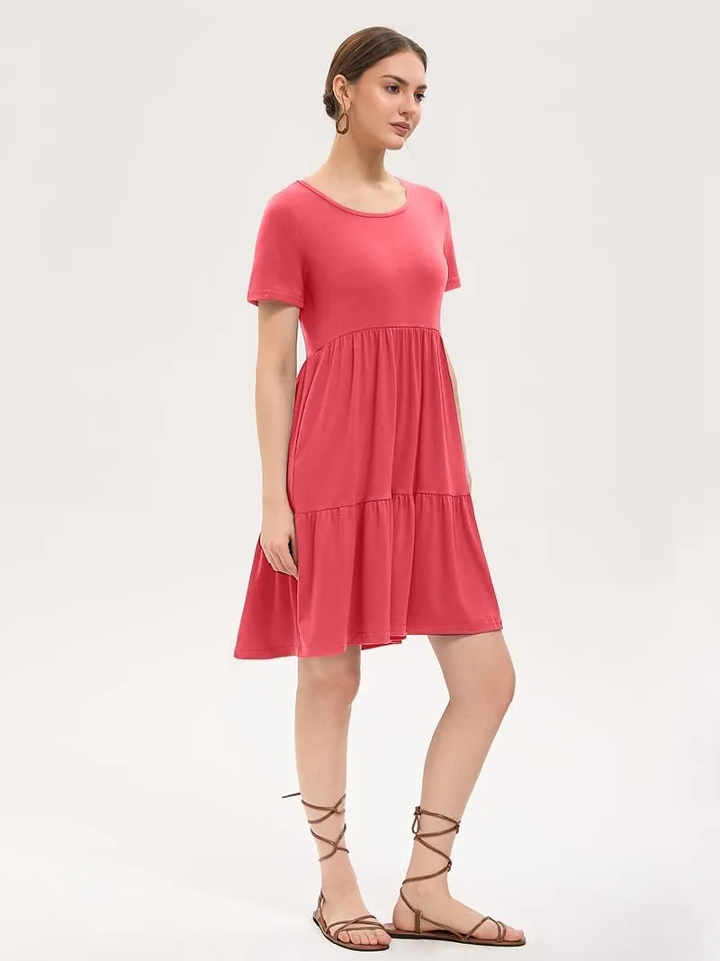 Women's Summer Casual Dress Short Sleeve Crewneck T Shirt Sundress Mini Beach Vacation Dresses with Pockets