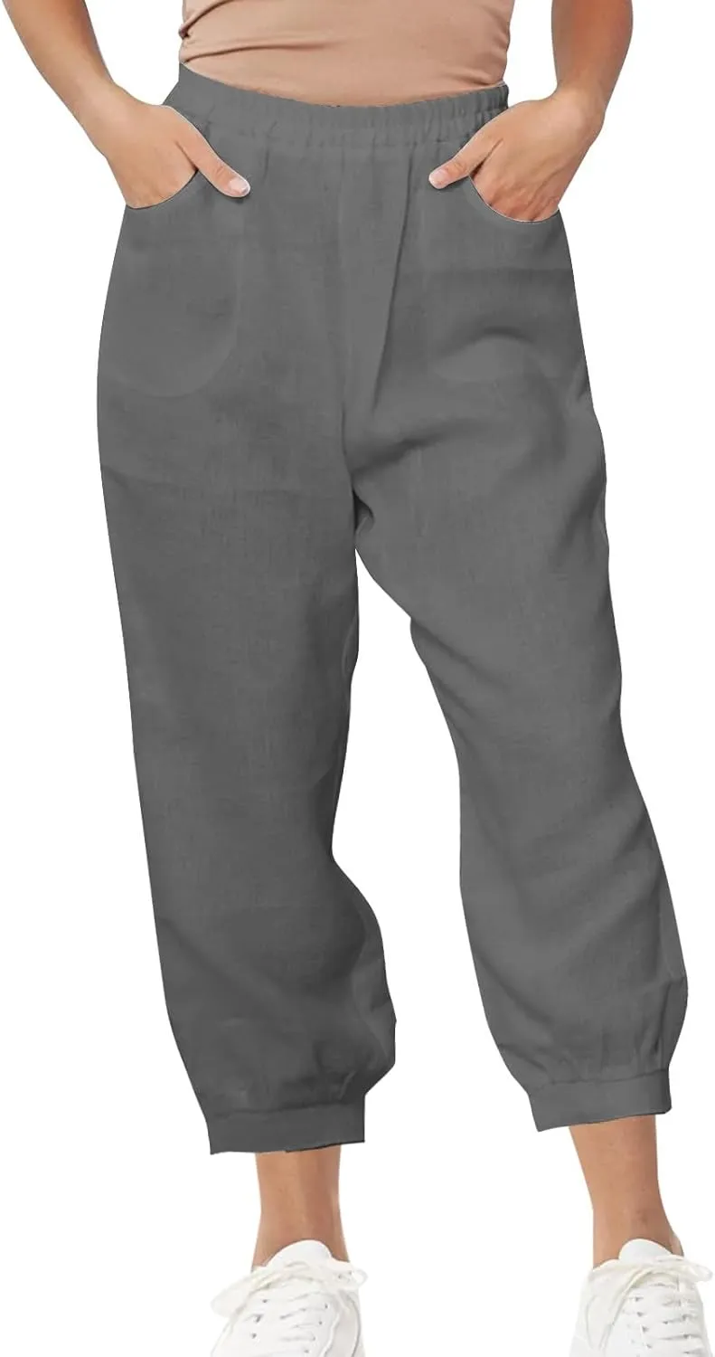 Womens Summer Pants Loose Cotton Linen Wide Leg Pant High Wiast Beach Travel Vacation Lounge Trousers with Pockets