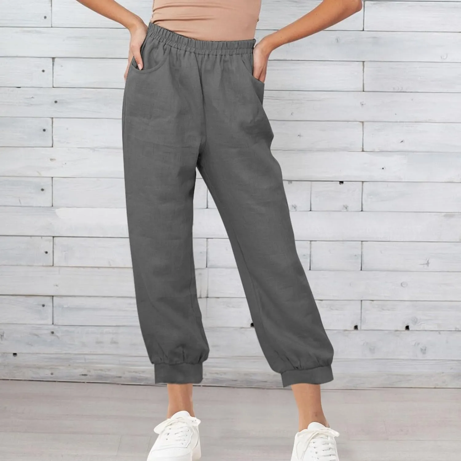 Womens Summer Pants Loose Cotton Linen Wide Leg Pant High Wiast Beach Travel Vacation Lounge Trousers with Pockets
