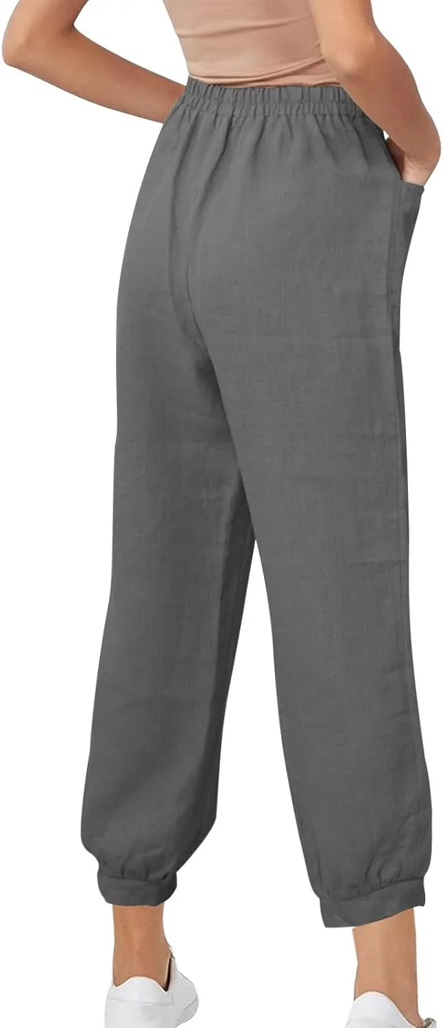Womens Summer Pants Loose Cotton Linen Wide Leg Pant High Wiast Beach Travel Vacation Lounge Trousers with Pockets