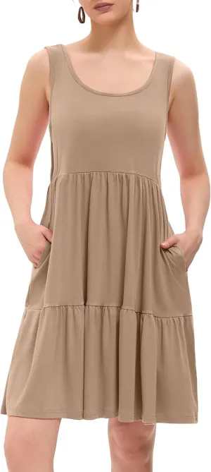 Women's Summer Tank Dress Casual Sleeveless Crewneck T Shirt Sundress Flowy Tiered Swing Mini Beach Vacation Dresses