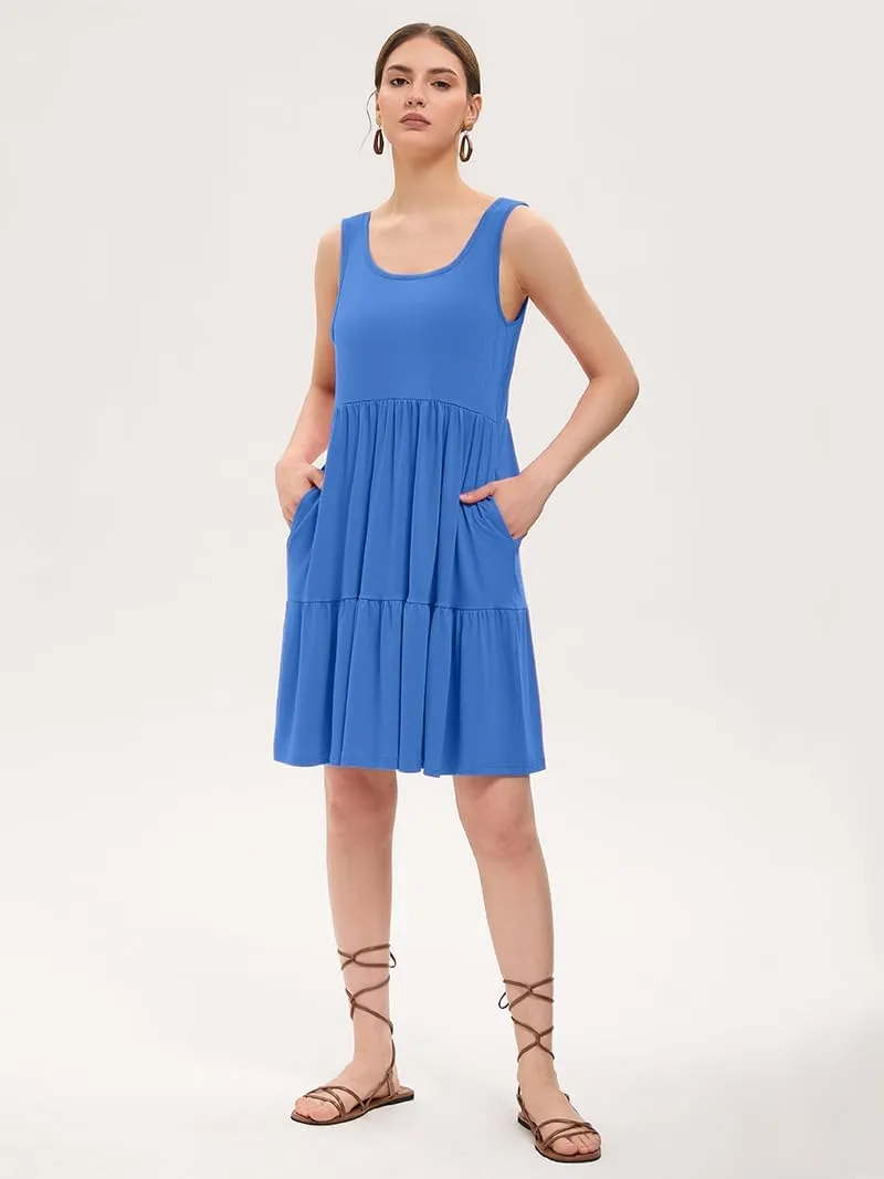 Women's Summer Tank Dress Casual Sleeveless Crewneck T Shirt Sundress Flowy Tiered Swing Mini Beach Vacation Dresses