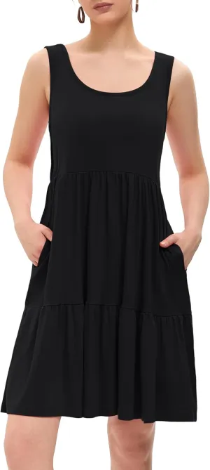 Women's Summer Tank Dress Casual Sleeveless Crewneck T Shirt Sundress Flowy Tiered Swing Mini Beach Vacation Dresses