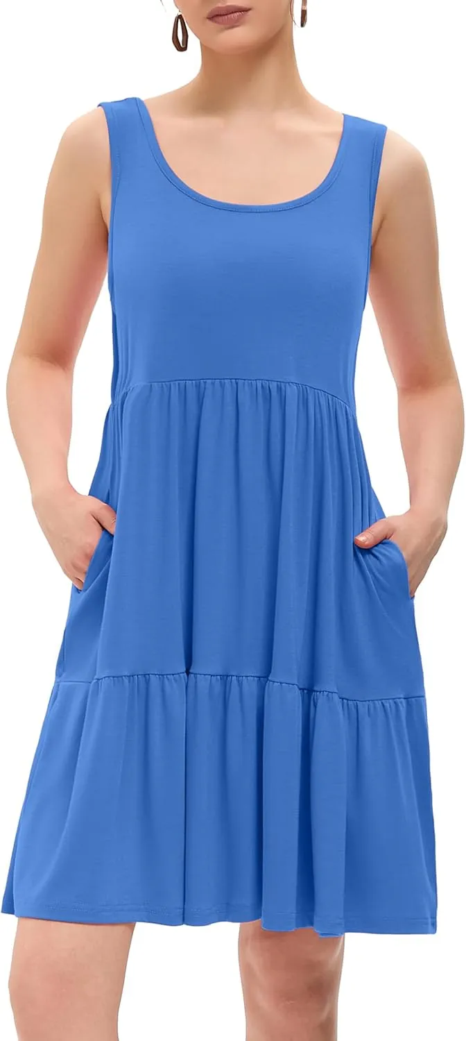Women's Summer Tank Dress Casual Sleeveless Crewneck T Shirt Sundress Flowy Tiered Swing Mini Beach Vacation Dresses