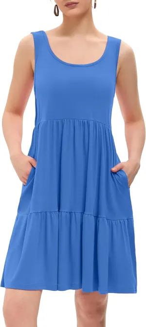 Women's Summer Tank Dress Casual Sleeveless Crewneck T Shirt Sundress Flowy Tiered Swing Mini Beach Vacation Dresses