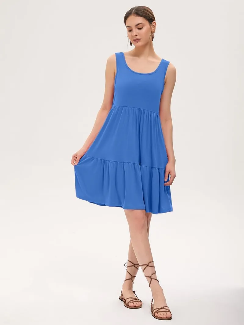 Women's Summer Tank Dress Casual Sleeveless Crewneck T Shirt Sundress Flowy Tiered Swing Mini Beach Vacation Dresses