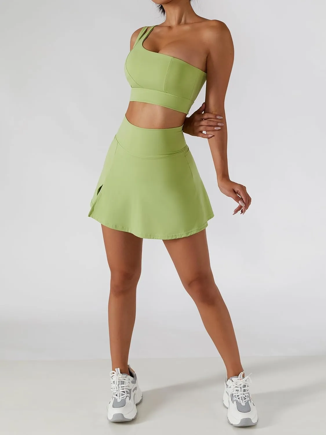 Women's Tennis Skirts Sport Bra Sets High Waisted Golf Skorts Skirt One Shoulder Sports Bra Running Workout Activewear