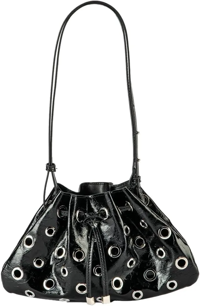 Womens Trendy Shoulder Bags Small Drawstring Bucket Satchel Hollow Rivet Handbags Vegan Leather Y2k Tote Purses