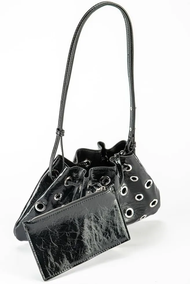 Womens Trendy Shoulder Bags Small Drawstring Bucket Satchel Hollow Rivet Handbags Vegan Leather Y2k Tote Purses