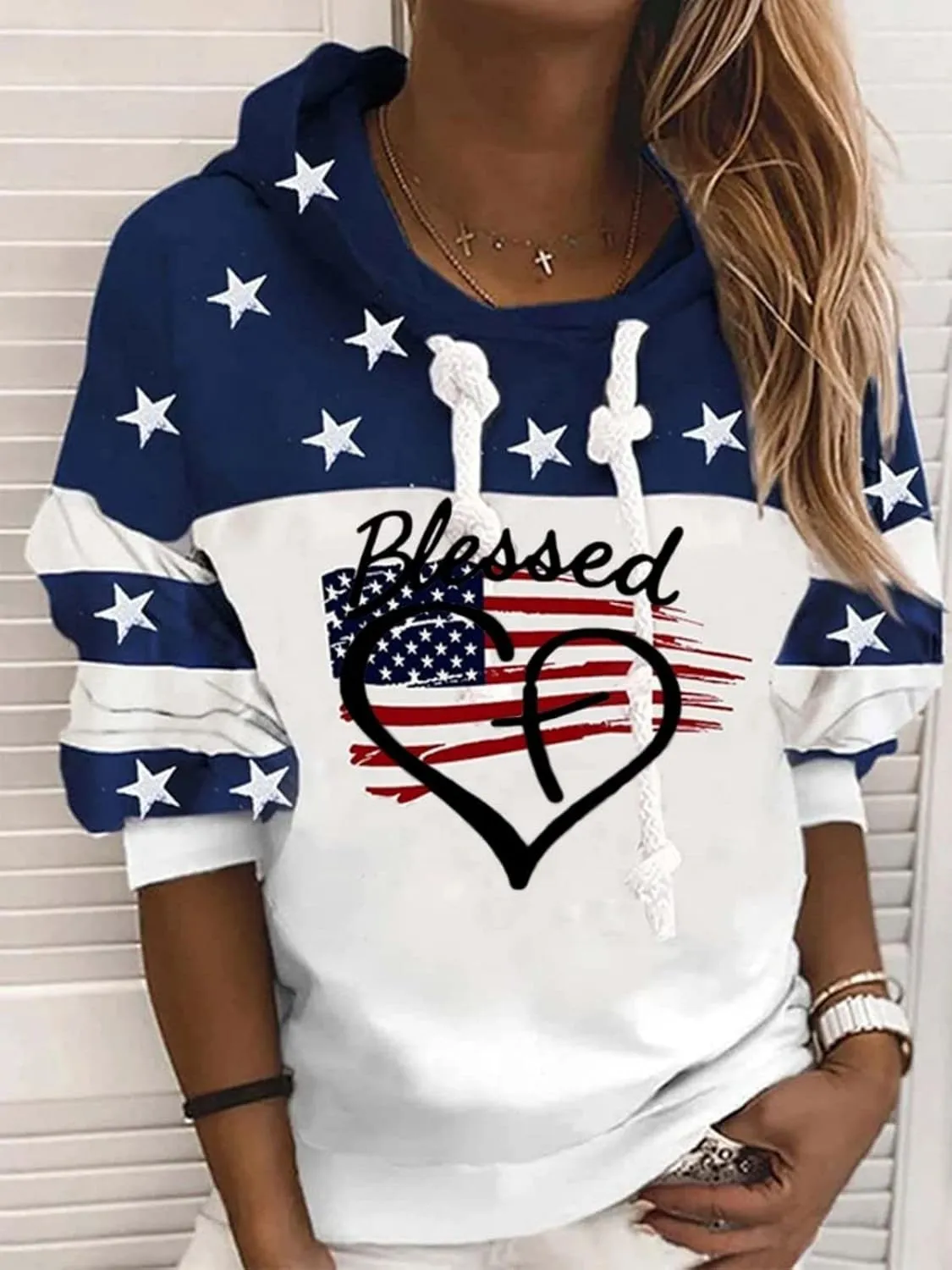Women's USA Flag blessed Sweatshirt,Casual Striped Print Pullover Zip American Patriotic Pullover Sweater