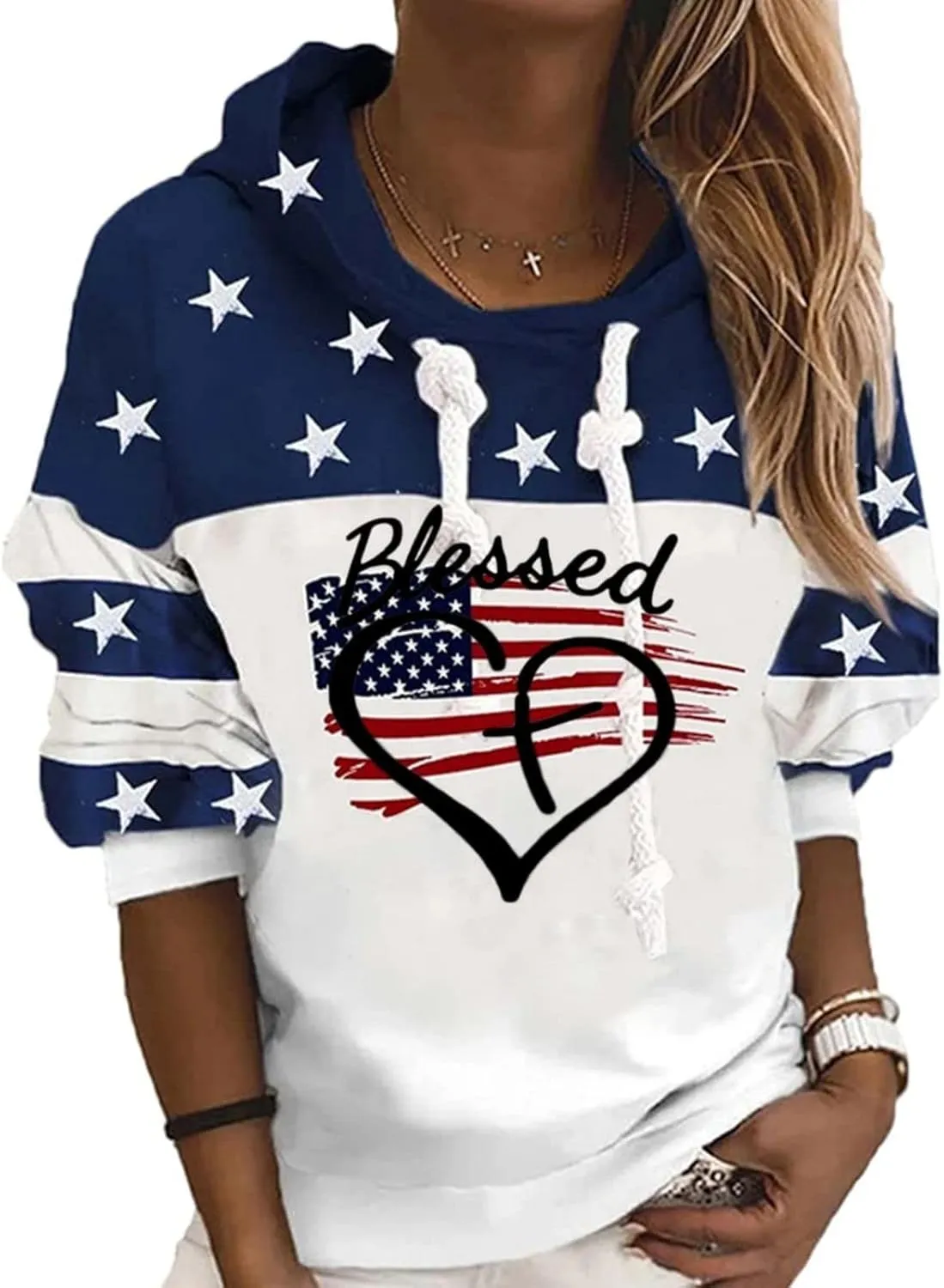 Women's USA Flag blessed Sweatshirt,Casual Striped Print Pullover Zip American Patriotic Pullover Sweater