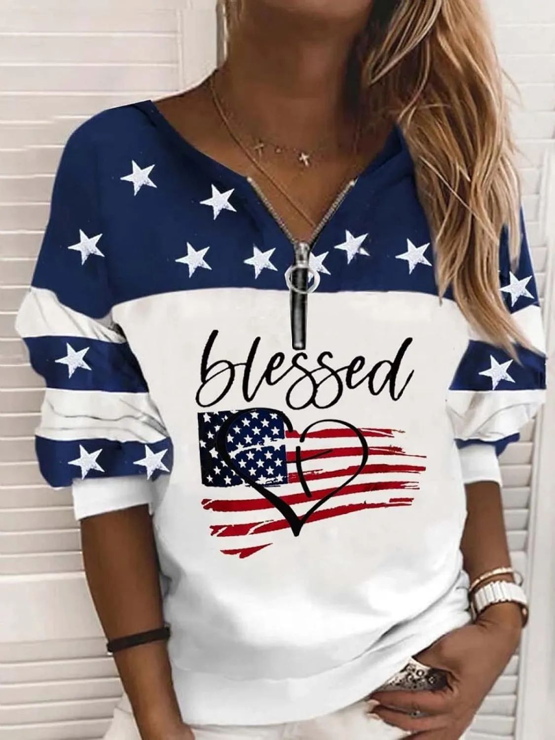 Women's USA Flag blessed Sweatshirt,Casual Striped Print Pullover Zip American Patriotic Pullover Sweater