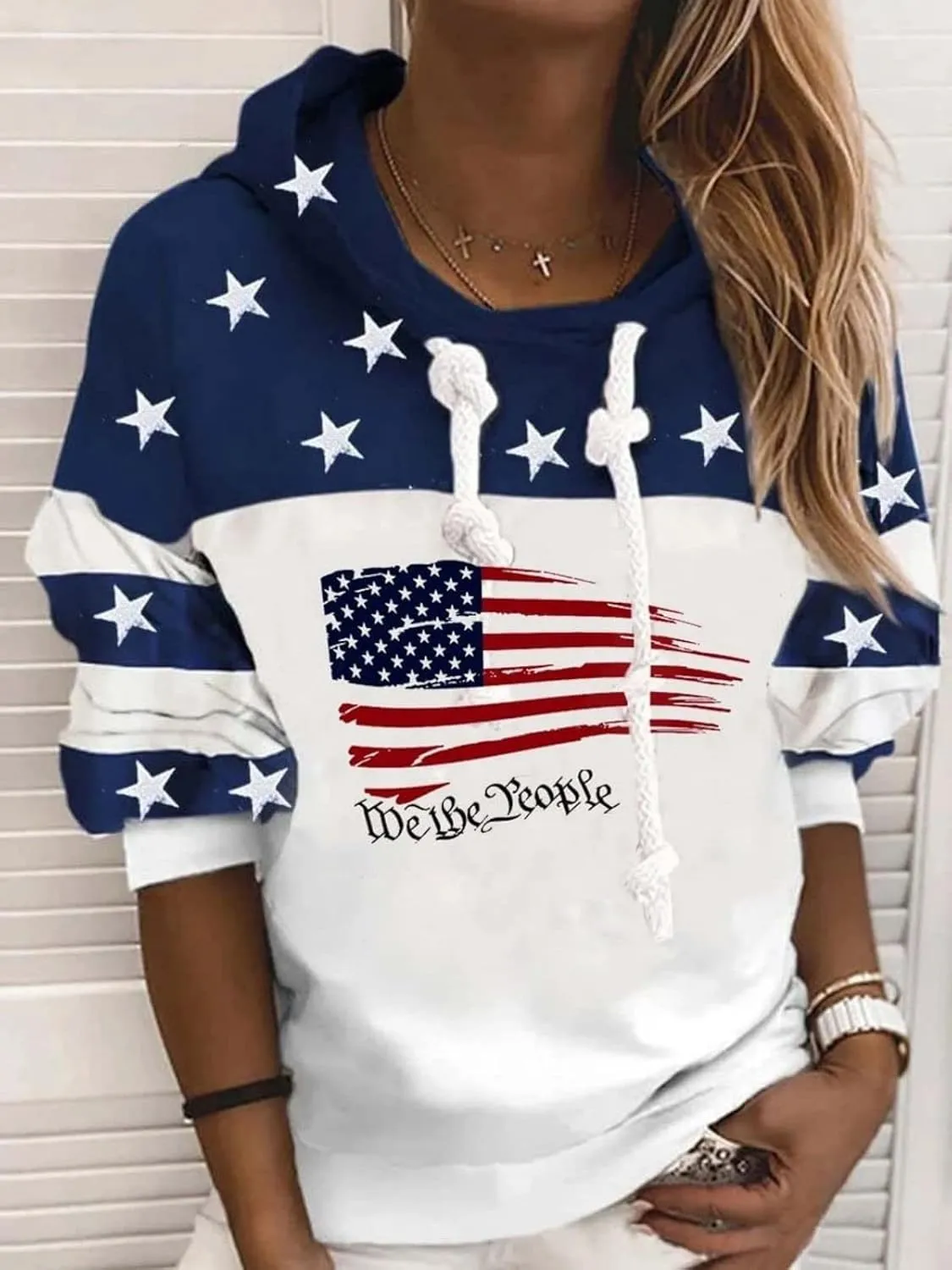 Women's USA Flag blessed Sweatshirt,Casual Striped Print Pullover Zip American Patriotic Pullover Sweater