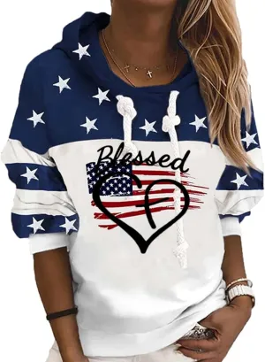 Women's USA Flag blessed Sweatshirt,Casual Striped Print Pullover Zip American Patriotic Pullover Sweater