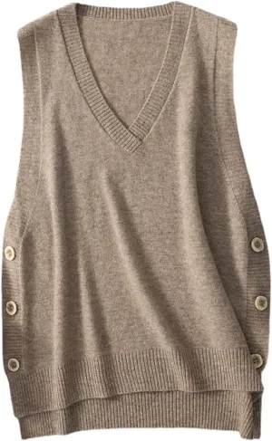 Women's V-Neck Simple Three-Button Design Solid Color Loose Casual All-Wool Knitted Vest