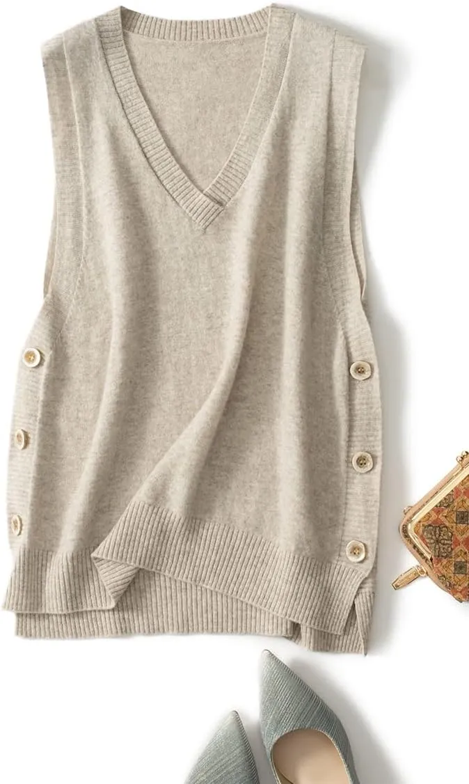 Women's V-Neck Simple Three-Button Design Solid Color Loose Casual All-Wool Knitted Vest