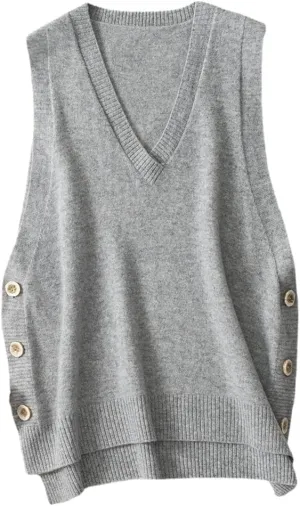 Women's V-Neck Simple Three-Button Design Solid Color Loose Casual All-Wool Knitted Vest