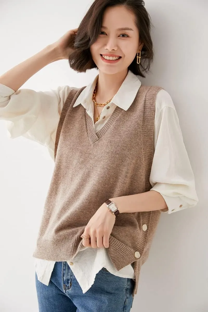 Women's V-Neck Simple Three-Button Design Solid Color Loose Casual All-Wool Knitted Vest