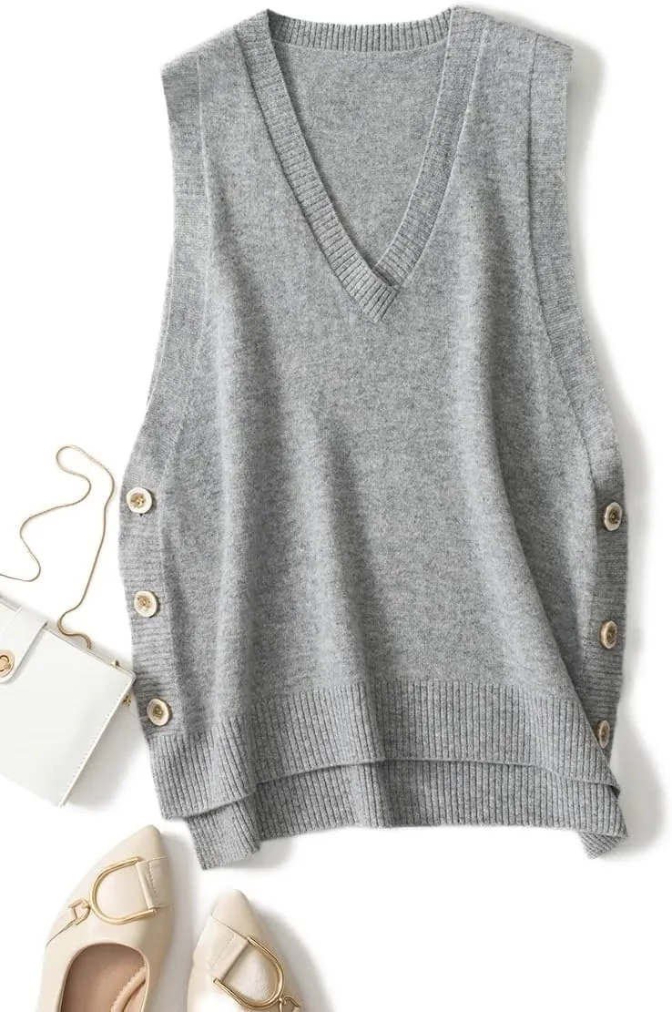 Women's V-Neck Simple Three-Button Design Solid Color Loose Casual All-Wool Knitted Vest