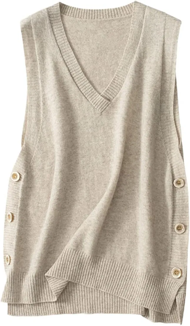 Women's V-Neck Simple Three-Button Design Solid Color Loose Casual All-Wool Knitted Vest