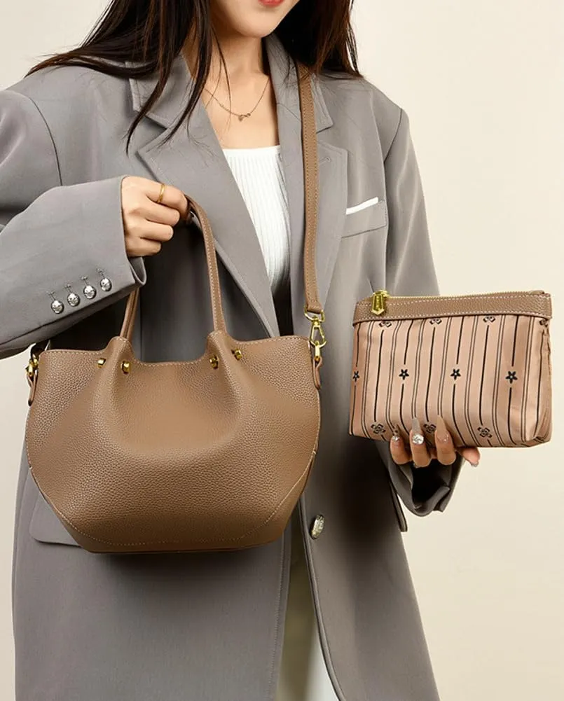 Womens Vegen Leather Crossbody Bags Trendy 2pcs Bucket Handbag Small Shoulder Tote Purse Satchel Wallet Set
