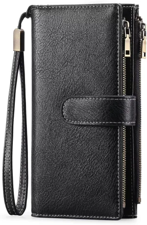 Women's Wallet and Card Holder RFID Blocking Tri-Fold Wristlet Wallet Vegan Leather Multi Card Case with ID Windows, Black