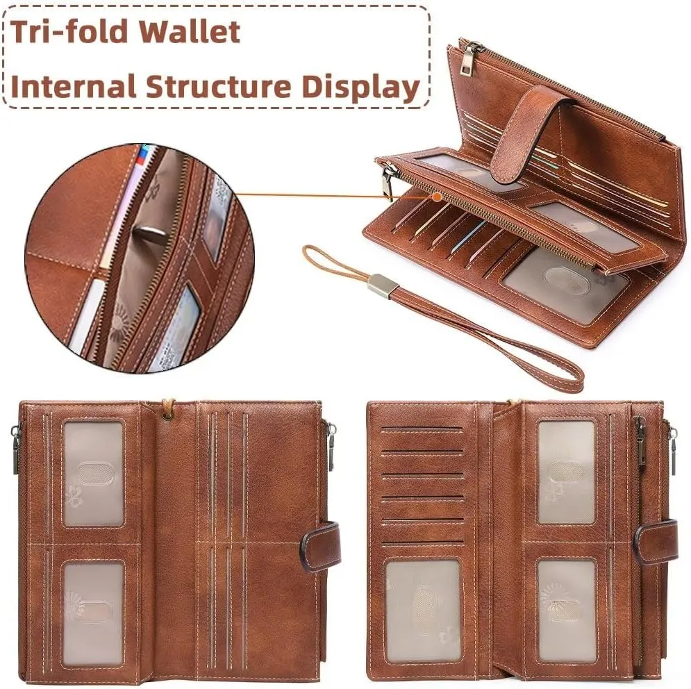 Women's Wallet and Card Holder RFID Blocking Tri-Fold Wristlet Wallet Vegan Leather Multi Card Case with ID Windows, Pink