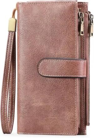 Women's Wallet and Card Holder RFID Blocking Tri-Fold Wristlet Wallet Vegan Leather Multi Card Case with ID Windows, Pink
