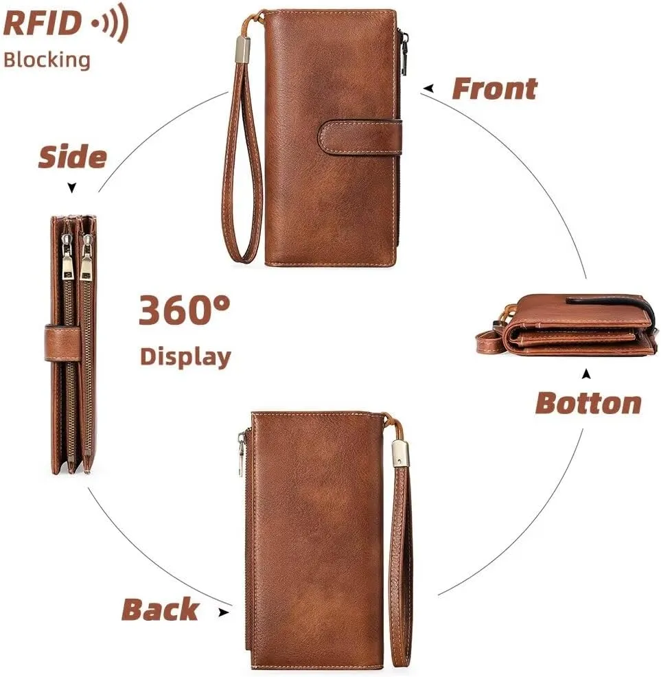 Women's Wallet and Card Holder RFID Blocking Tri-Fold Wristlet Wallet Vegan Leather Multi Card Case with ID Windows, Pink