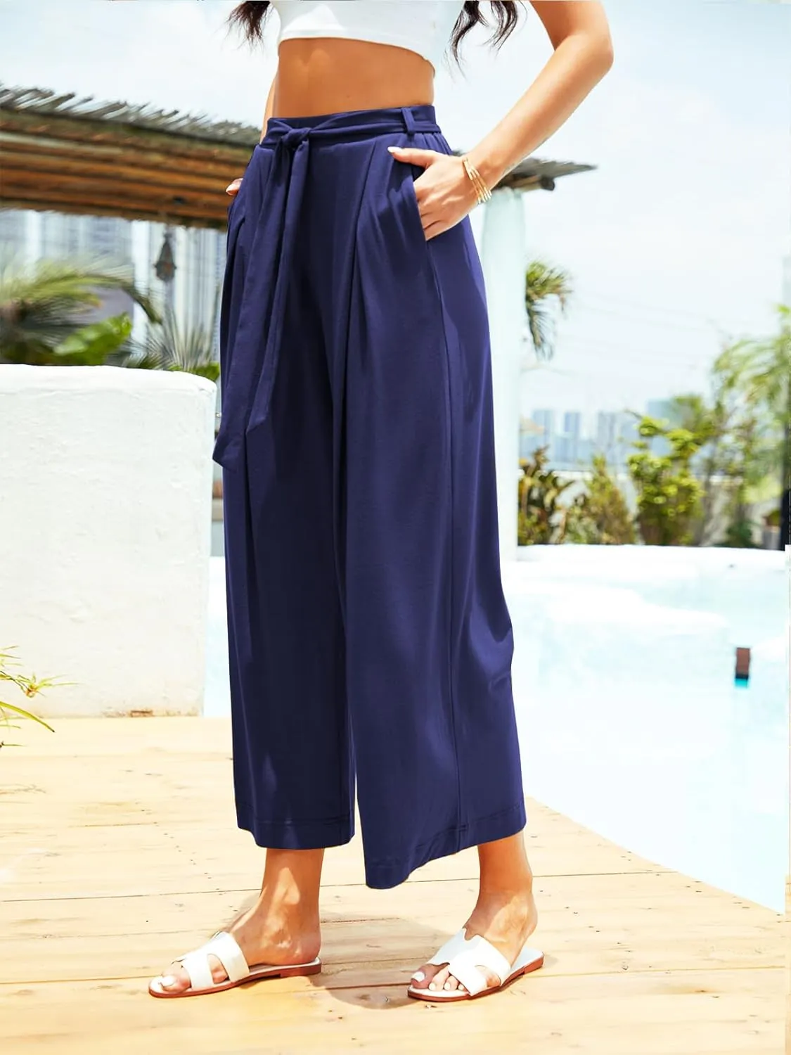 Women's Wide Leg Pants High Waisted Adjustable Tie Knot Yoga Sweatpants Comfy Lounge Pajama Flowy Pants Pockets