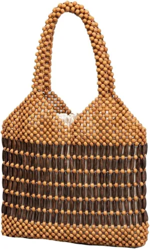 Womens Wood Beads Handbag Handmade Hollow Woven Shoulder Bags Large Summer Beach Vacation Tote Purses