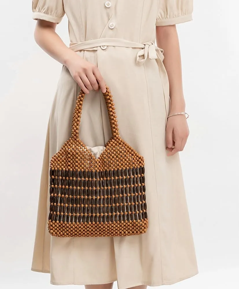 Womens Wood Beads Handbag Handmade Hollow Woven Shoulder Bags Large Summer Beach Vacation Tote Purses