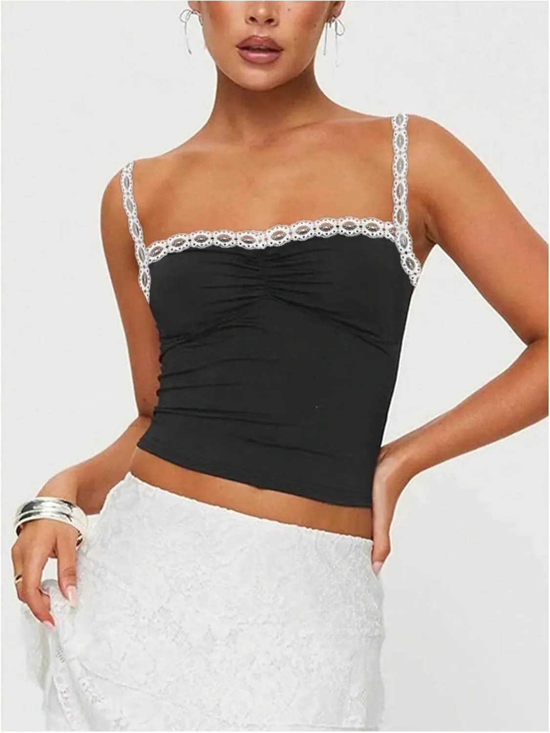 Women's Y2K Lace Camisole Top Ruched Square Neck Sleeveless Slim Fit Crop Tank Tops