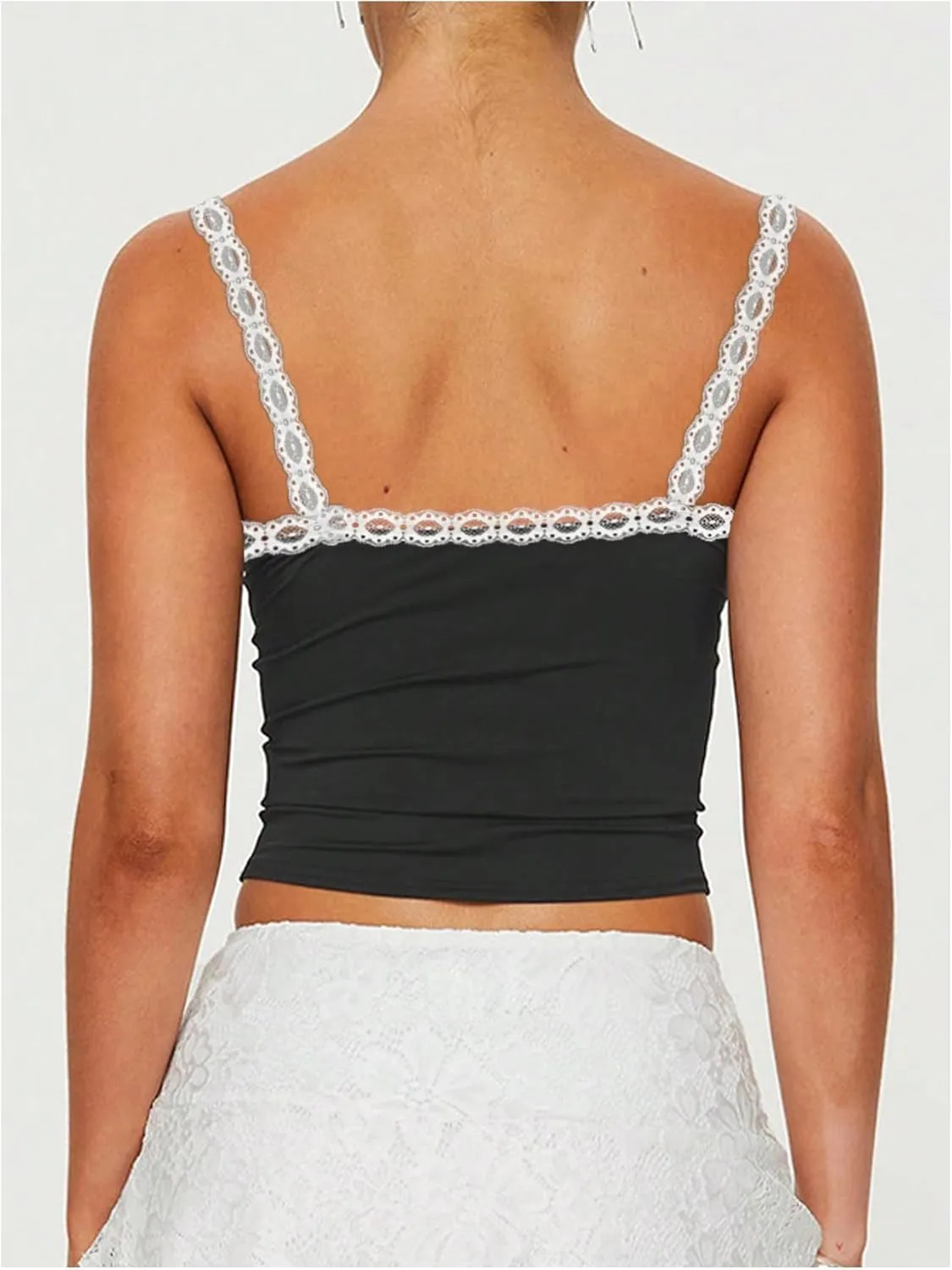 Women's Y2K Lace Camisole Top Ruched Square Neck Sleeveless Slim Fit Crop Tank Tops