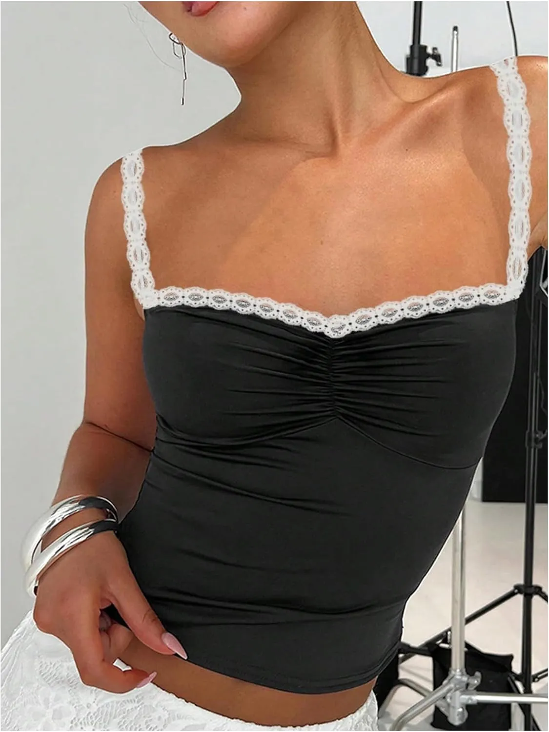 Women's Y2K Lace Camisole Top Ruched Square Neck Sleeveless Slim Fit Crop Tank Tops