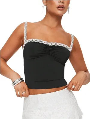 Women's Y2K Lace Camisole Top Ruched Square Neck Sleeveless Slim Fit Crop Tank Tops