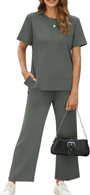 XIEERDUO Women's 2 Piece Lounge Set Fashion Travel Outfits Vacation Tracksuit Comfy Wide Leg Airport Loungewear S-3XL