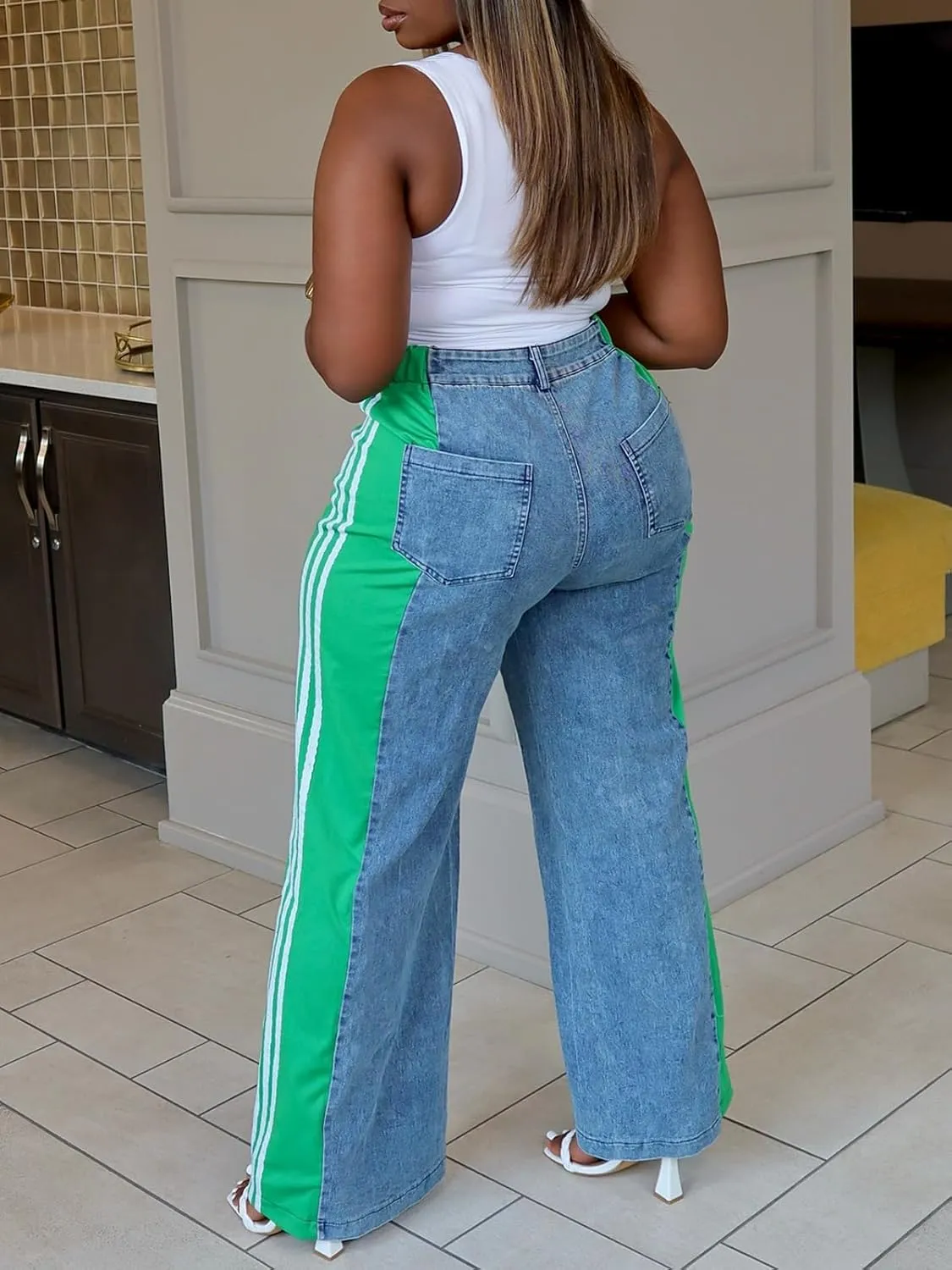 XZLUFNY Women's Jeans Two Tone Patchwork Striped Denim Pant Color Block Straight Wide Leg Trousers