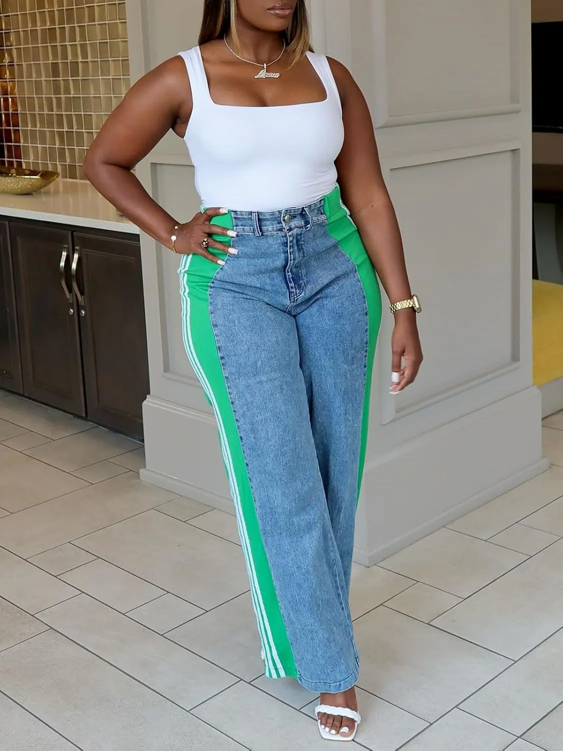 XZLUFNY Women's Jeans Two Tone Patchwork Striped Denim Pant Color Block Straight Wide Leg Trousers
