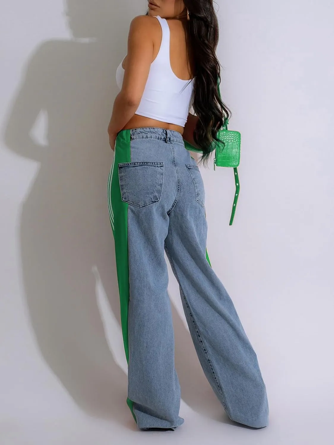 XZLUFNY Women's Jeans Two Tone Patchwork Striped Denim Pant Color Block Straight Wide Leg Trousers