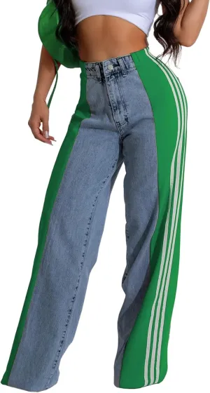 XZLUFNY Women's Jeans Two Tone Patchwork Striped Denim Pant Color Block Straight Wide Leg Trousers