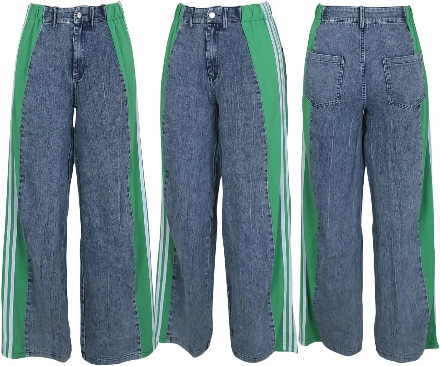 XZLUFNY Women's Jeans Two Tone Patchwork Striped Denim Pant Color Block Straight Wide Leg Trousers