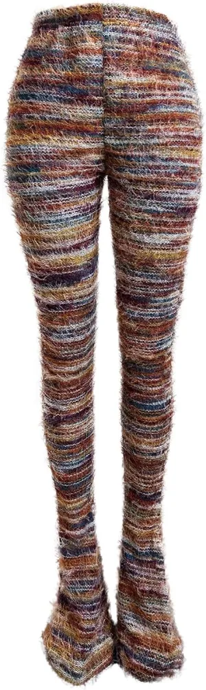 XZLUFNY Women's Stacked Fuzzy Pants High Waisted Striped Knit Sweatpnts Leggings