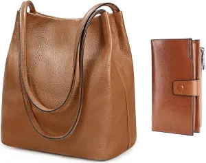 YALUXE Bundle Genuine Leather Wallet and Bucket Style Shoulder Bag for Women