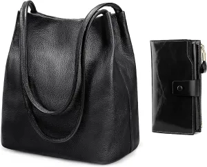 YALUXE Bundle Genuine Leather Wallet and Bucket Style Shoulder Bag for Women