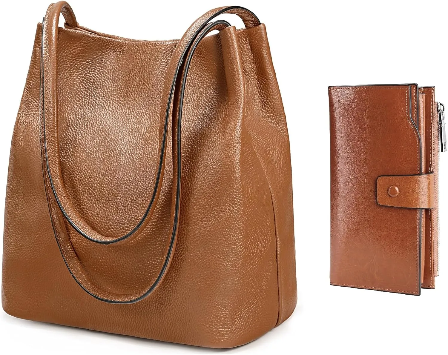 YALUXE Bundle Genuine Leather Wallet and Bucket Style Shoulder Bag for Women