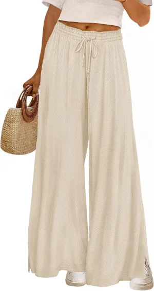 YESNO Women's Wide Leg Woolen Pants Fall Elastic High Waist Casual Palazzo Trousers with Pockets and Side Split PW0