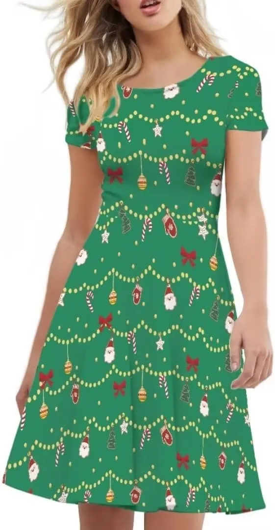 Youngerbaby Dress for Women Plus Size A-Line Swing Sundress Short Sleeve High Waist Party Midi Dress
