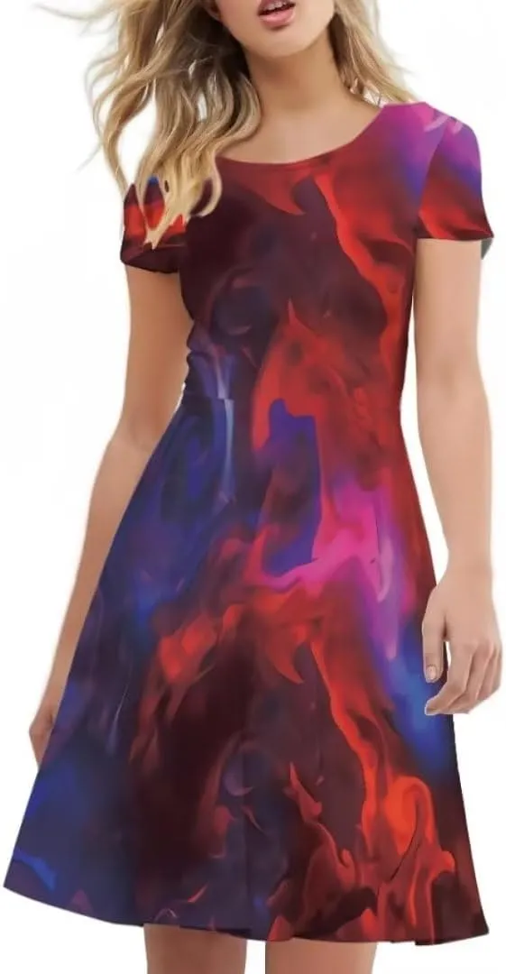 Youngerbaby Dress for Women Plus Size A-Line Swing Sundress Short Sleeve High Waist Party Midi Dress