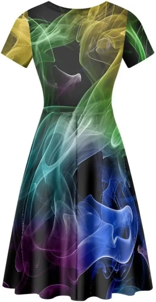 Youngerbaby Dress for Women Plus Size A-Line Swing Sundress Short Sleeve High Waist Party Midi Dress